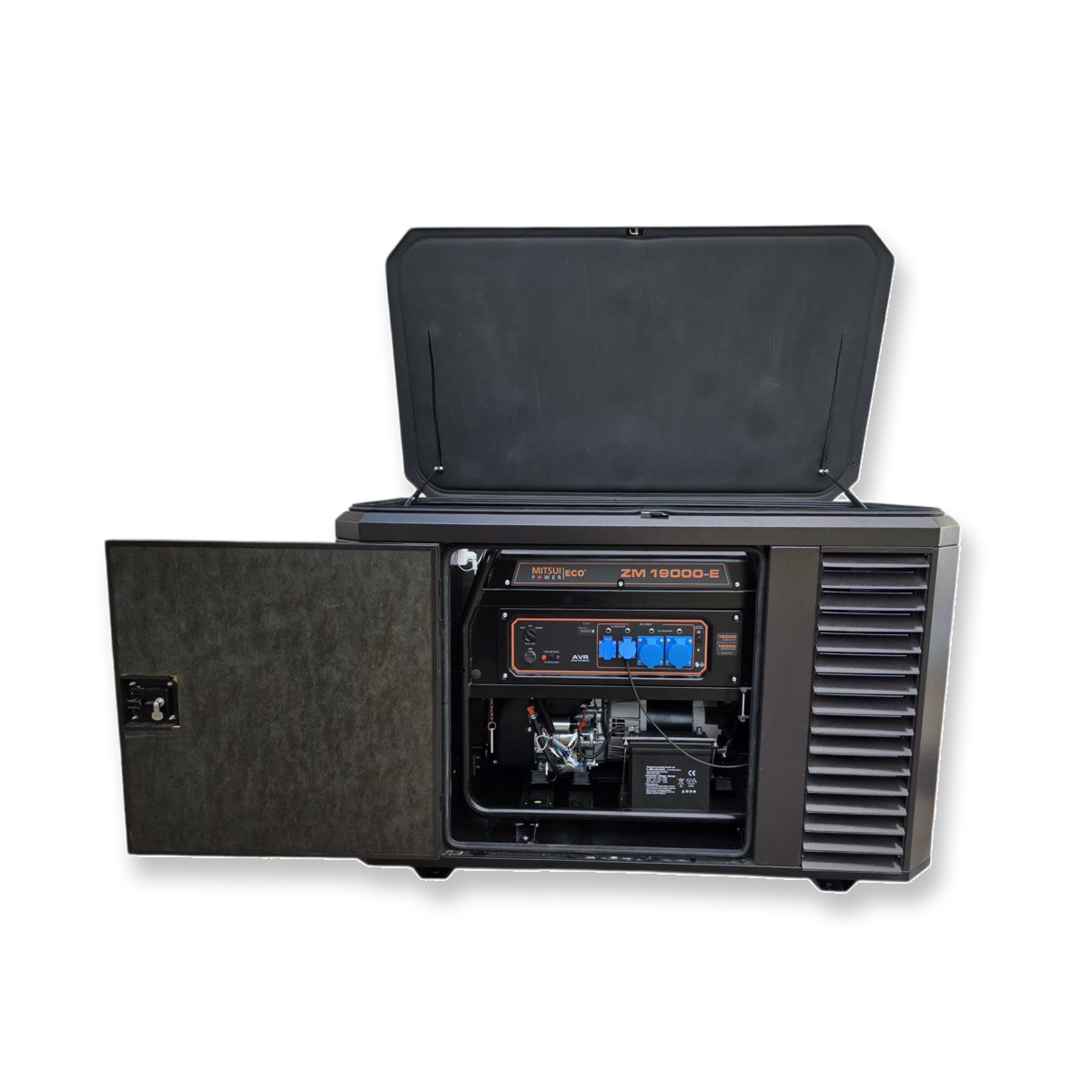 Бензиновый генератор Mitsui Power ECO ZM 19000 E 15 кВт, 230В в шумозащитном кожухе 1700ss wint с щитом автозапуска